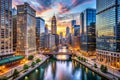 City of Chicago Downtown and River with Bridges at Dusk