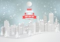 City for Christmas Season with Snowflake and tree. vector illustration paper art style Royalty Free Stock Photo