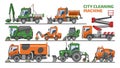 City cleaning machine vector vehicle truck sweeper cleaner wash roads streets illustration set of excavator bulldozer