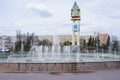 The city clock is a decorative object on the background of a fountain on the street of the city of Podolsk in the Moscow region