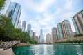 City commercial center of high-rise architecturally modern buildings surrounding Chicago River Royalty Free Stock Photo