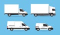 City commercial transport. Delivery car, truck, cargo van. Trucking business object collection design flat