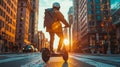 City Commute: Electric Scooter Rider at Golden Hour. Generative ai