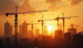 City construction site with tower cranes at sunrise. Silhouette of buildings, industrial development, engineering, work in Royalty Free Stock Photo