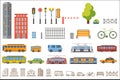 Vector city constructor design buildings, road equipment, transport, park elements. Buse, trolleybuse, tram, taxi and Royalty Free Stock Photo