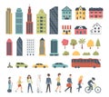 City constructor elements in cartoon style with trees, houses, transport and peopple. Cityscape modern architecture Royalty Free Stock Photo