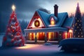 city with cristmas view, christmas concept house, cristmas bright lights, new year evening, beautiful christmas tree, AI