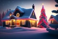 city with cristmas view, christmas concept house, cristmas bright lights, new year evening, beautiful christmas tree, AI