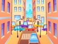 City crossroad with cars. Road traffic intersection, town street car jam and crosswalk with traffic lights cartoon