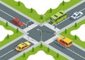 City crossroad isometric view with road markings, traffic lights pedestrian zebra crossing and cars. Urban traffic map