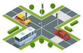 City crossroad isometric view with road markings, traffic lights pedestrian zebra crossing and cars. Urban traffic map