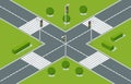 City crossroad isometric view with road markings, traffic lights pedestrian zebra crossing. Urban traffic map for
