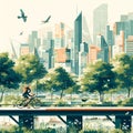 City Cycling Serenity: Urban Life Illustration Royalty Free Stock Photo