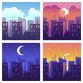 City day times. Morning and noon, evening and night cityscape, buildings and skyscrapers at different time, urban