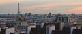 Panorama cityscape of Parisian rooftops and Eiffel Tower. Famous landmark, icon, tourist destination in Paris, France.