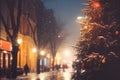City decorated for Christmas with gold garland lights Christmas tree. Winter night scene with walking people silhouettes snow Royalty Free Stock Photo