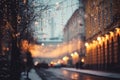 City decorated for Christmas with gold garland lights Christmas tree. Winter night scene with walking people silhouettes Royalty Free Stock Photo
