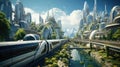 eco-friendly futuristic city view with electric train and river in the middle Royalty Free Stock Photo