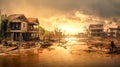 City destroyed by storm and rain at sunset, flood and natural disaster