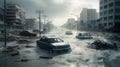 A city destroyed by Tsunami waves in a disaster, with flooded streets, cars carried by waves and damaged buildings Royalty Free Stock Photo