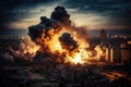 City destruction with big explosions and fires at night. War, bombardment, nuclear accident, terrorism concept