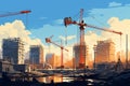 City development Vector illustration of construction site, cranes, building under construction