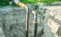 City district heating pipeline system reparation and reconstruction on the street excavation site with welded pipes