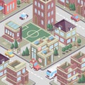 City district in isometric 3d style. Vector town. Set of buildings, houses, townhouses, multi-family homes, shop, bar, school, hos