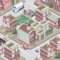 City district in isometric 3d style. Vector town. Set of buildings, houses, townhouses, multi-family homes, shop, bar, school, hos