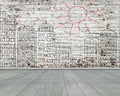 City doodles on old bricks wall with wooden floor, illustration Royalty Free Stock Photo