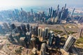 City downtown aerial view of Dubai skyscrapers at sunset