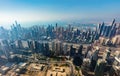 City downtown aerial view of Dubai skyscrapers at sunset