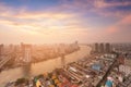 City downtown aerial view over river curved skyline with sunset backgroun Royalty Free Stock Photo