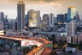 City downtown business office building aerial view with highway intersection Royalty Free Stock Photo