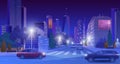 City downtown at night vector illustration, cartoon flat modern blue futuristic cityscape with skyscrapers in glowing Royalty Free Stock Photo
