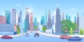 City downtown in summer vector illustration, cartoon 3d urban sunny panoramic cityscape, cars on street road, modern