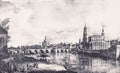 City of Dresden engraving. Landmark old bridge and castles. Buildings and architecture. River shore. Drawing circa 1600