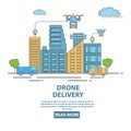 City drone delivery vector illustration in flat linear style
