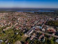 City drone panorama - houses, lakes, forest aerial view