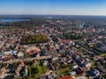 City drone panorama - houses, lakes, forest aerial view