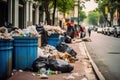 A city drowning in waste: overflowing containers and bags, a grave pollution issue.