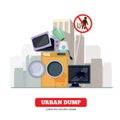 City dump. Appliance garbage from broken kitchen and household electronic equipment recycling process vector concept
