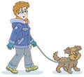 Young man walking his dog