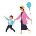 City dwellers, cheerful walking, happy young mother together with baby, caring woman. design, cartoon style vector