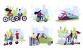 City electric transport set, vector illustration. People riding modern electric scooter, car, bicycle, skateboard or