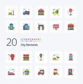 20 City Elements Flat Color icon Pack. like call. box. meter. booth. park Royalty Free Stock Photo