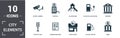 City Elements icon set. Contain filled flat vending machine, bicycle parking, filling station, playground, museum, leisure park Royalty Free Stock Photo