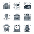 city elements line icons. linear set. quality vector line set such as hydrant, bridge, food stall, hospital, coffee shop, map, Royalty Free Stock Photo