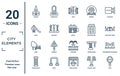city.elements linear icon set. includes thin line church, slide, park, phone booth, stop, motel, government buildings icons for