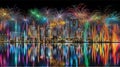 city embankment at night with skyscrapers illuminated over a river with reflections.